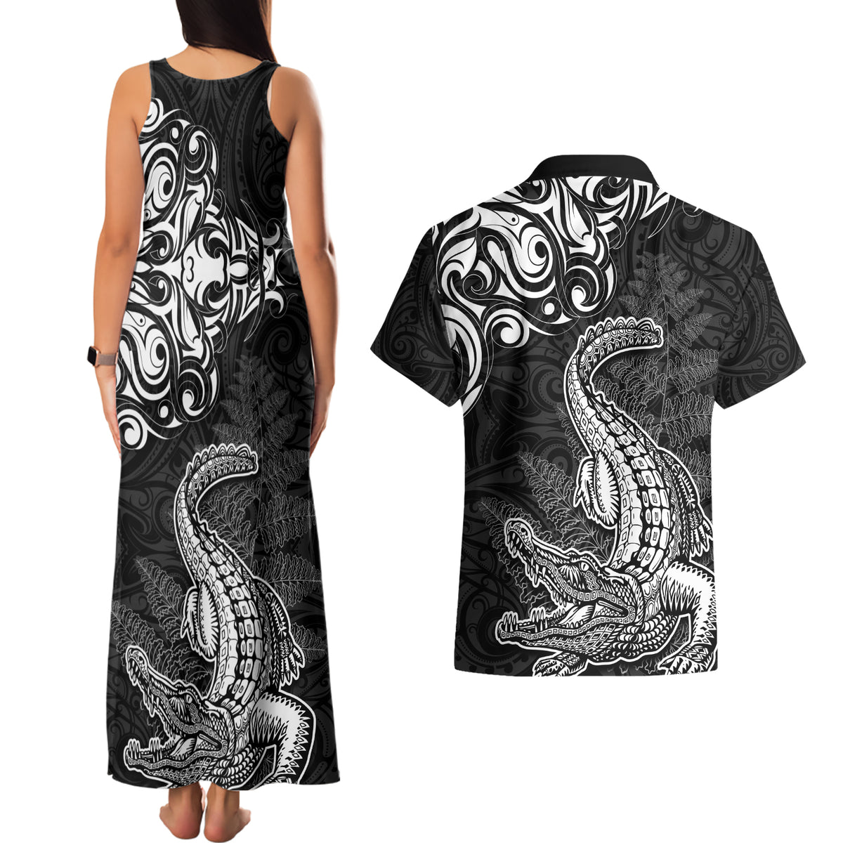 New Zealand Crocodile Tattoo and Fern Couples Matching Tank Maxi Dress and Hawaiian Shirt Maori Pattern