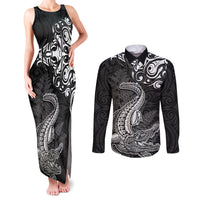 New Zealand Crocodile Tattoo and Fern Couples Matching Tank Maxi Dress and Long Sleeve Button Shirt Maori Pattern