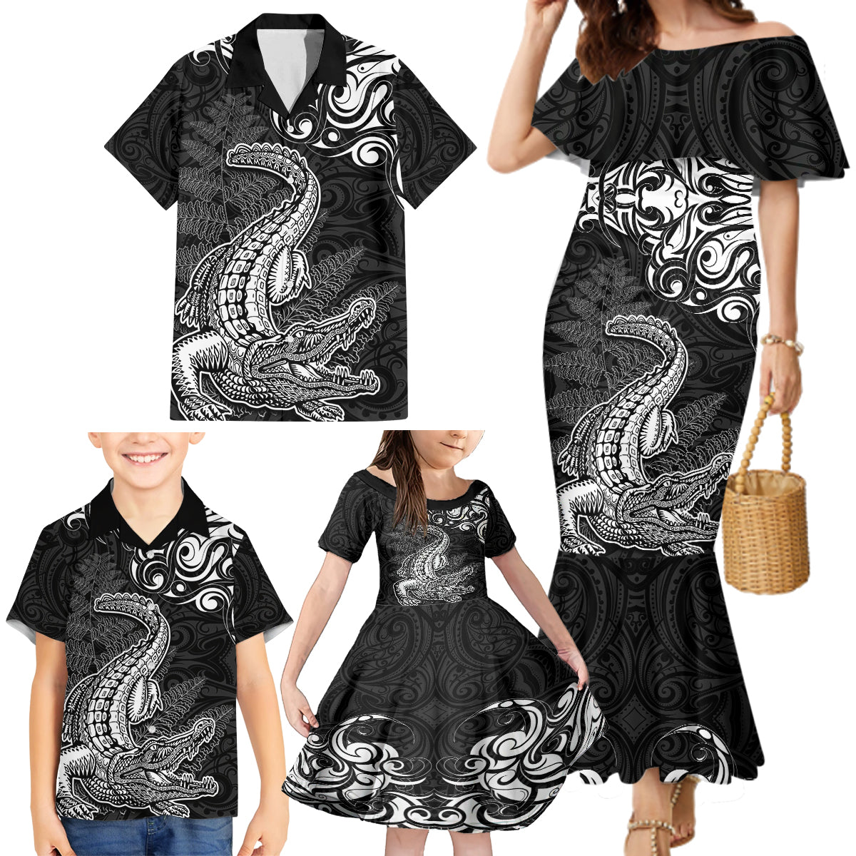 New Zealand Crocodile Tattoo and Fern Family Matching Mermaid Dress and Hawaiian Shirt Maori Pattern