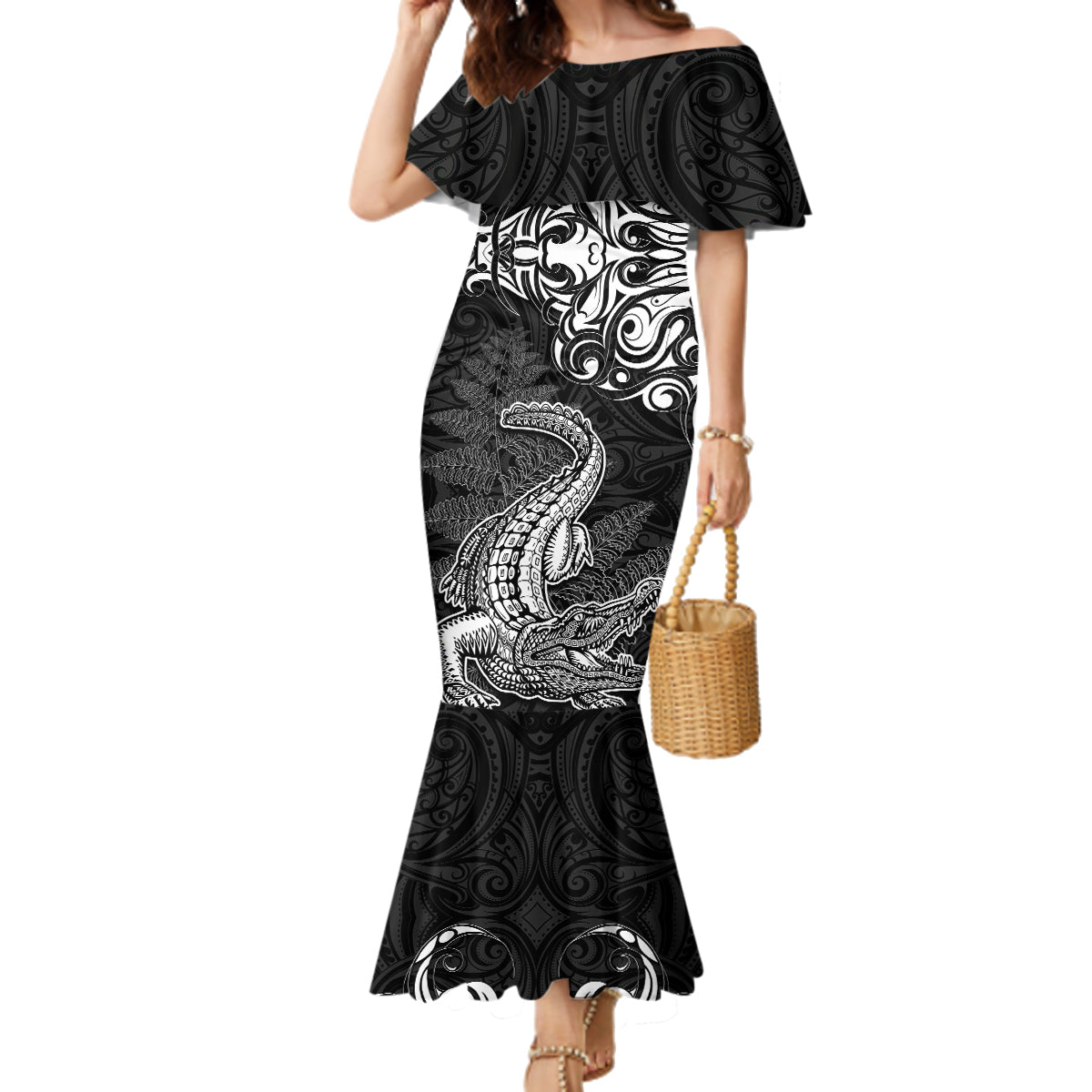 New Zealand Crocodile Tattoo and Fern Family Matching Mermaid Dress and Hawaiian Shirt Maori Pattern