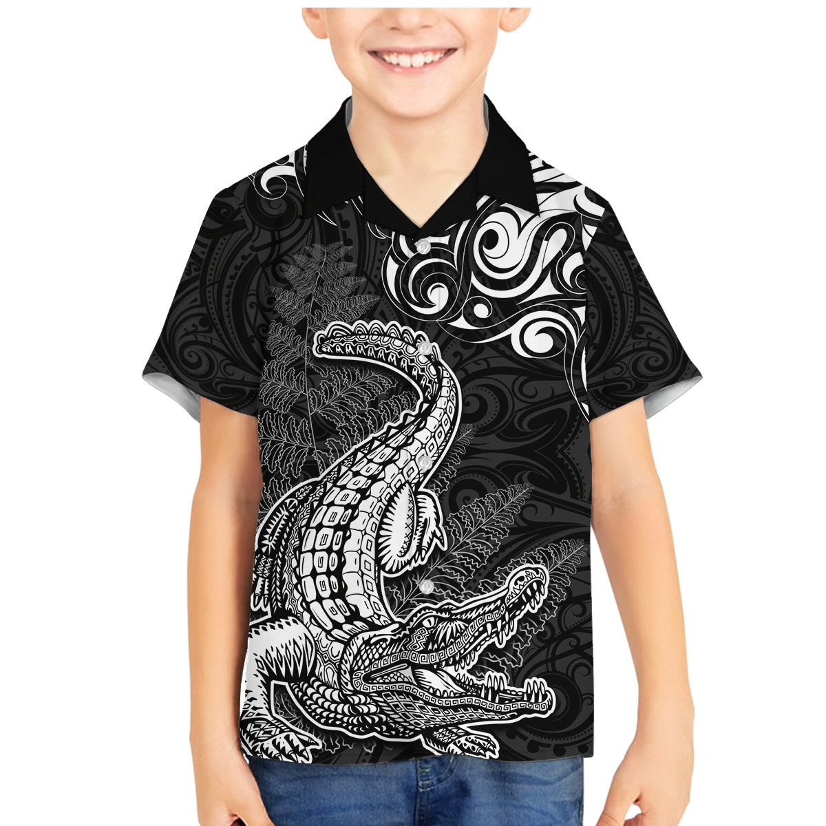 New Zealand Crocodile Tattoo and Fern Family Matching Mermaid Dress and Hawaiian Shirt Maori Pattern