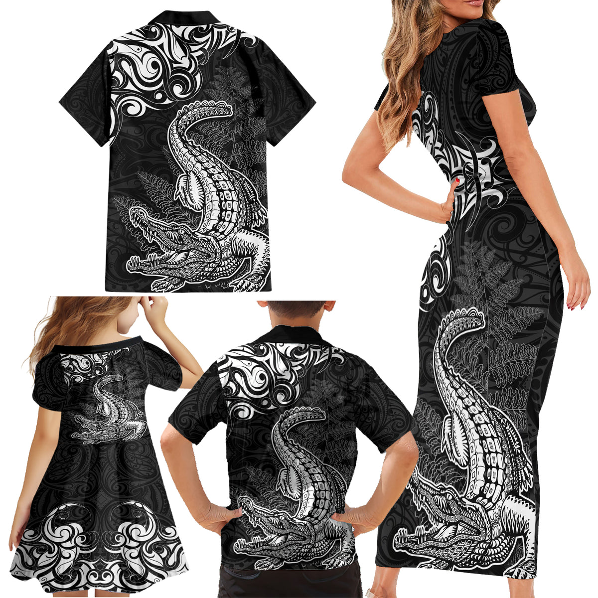 New Zealand Crocodile Tattoo and Fern Family Matching Short Sleeve Bodycon Dress and Hawaiian Shirt Maori Pattern