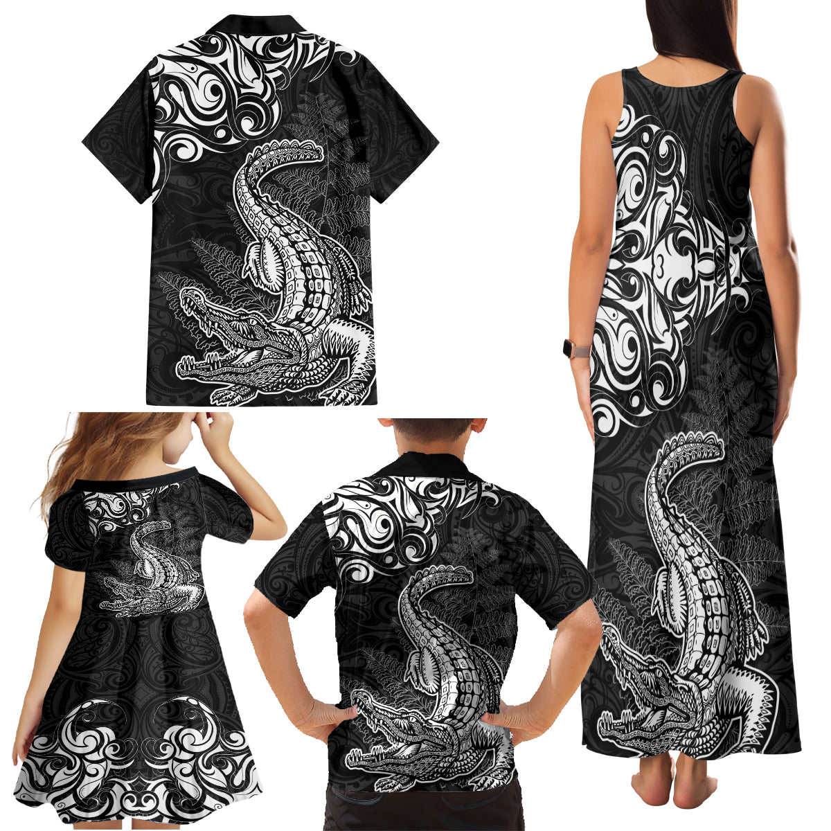 New Zealand Crocodile Tattoo and Fern Family Matching Tank Maxi Dress and Hawaiian Shirt Maori Pattern