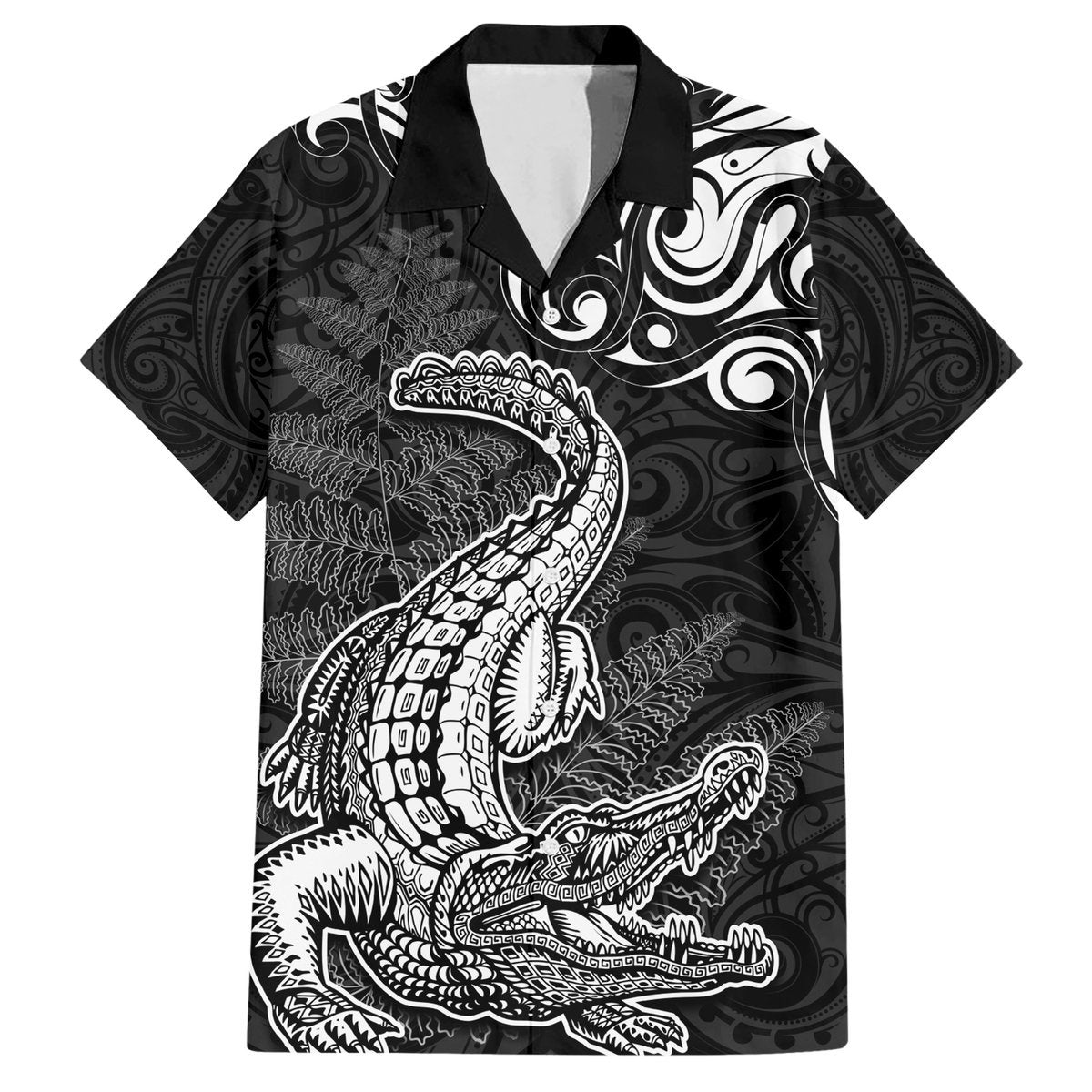 New Zealand Crocodile Tattoo and Fern Hawaiian Shirt Maori Pattern LT03 Black - Polynesian Pride