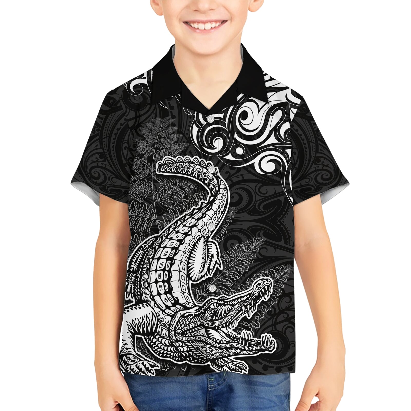 New Zealand Crocodile Tattoo and Fern Kid Hawaiian Shirt Maori Pattern LT03 Kid Black - Polynesian Pride
