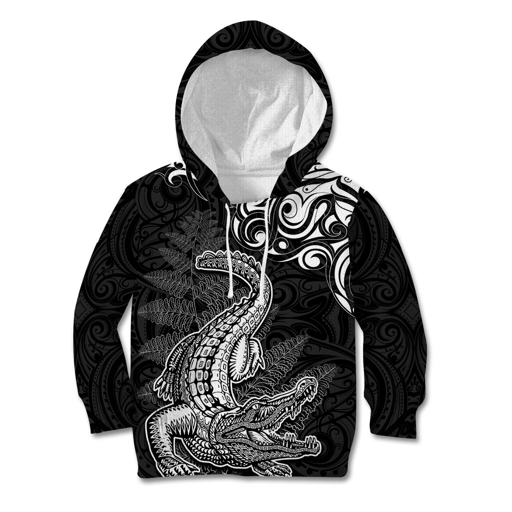 New Zealand Crocodile Tattoo and Fern Kid Hoodie Maori Pattern LT03 Hoodie Black - Polynesian Pride