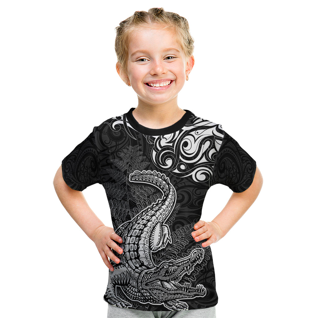 New Zealand Crocodile Tattoo and Fern Kid T Shirt Maori Pattern LT03 Black - Polynesian Pride