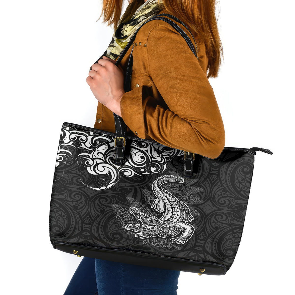 New Zealand Crocodile Tattoo and Fern Leather Tote Bag Maori Pattern