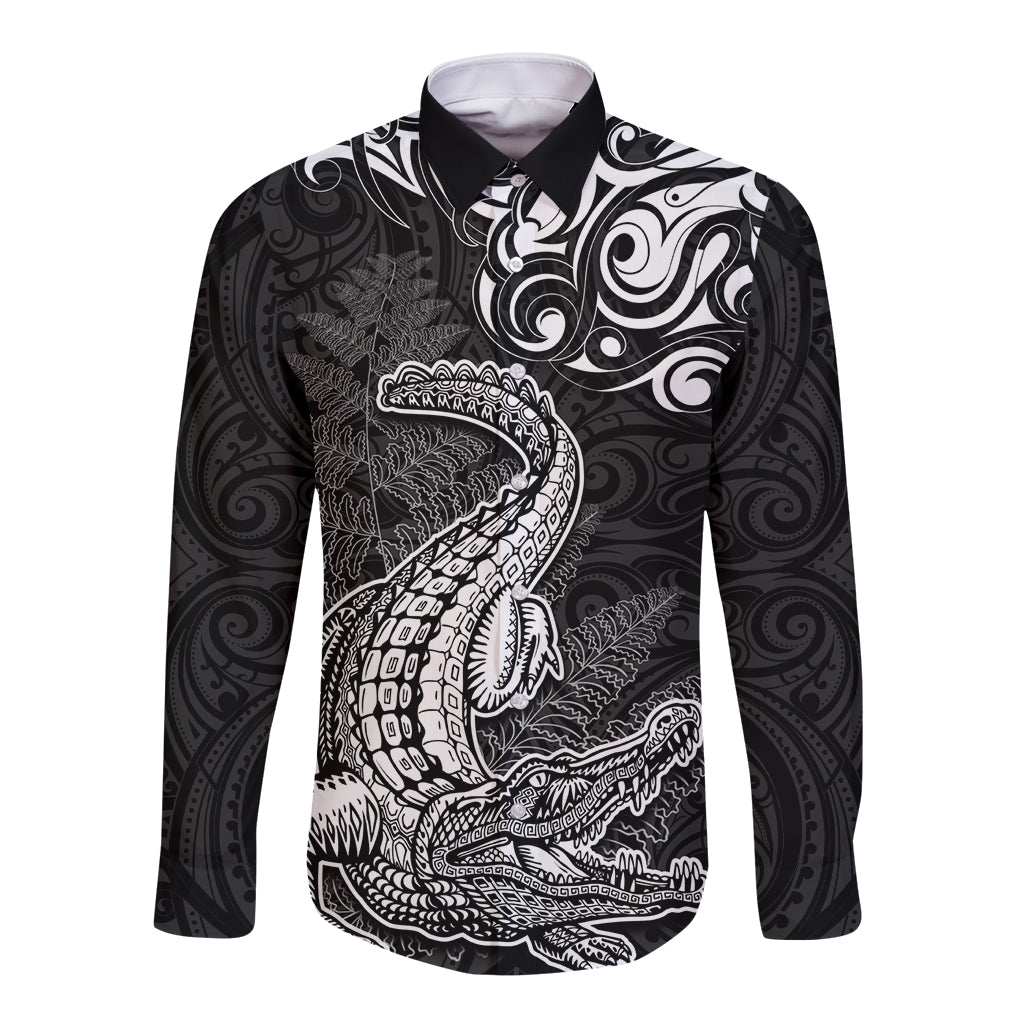 New Zealand Crocodile Tattoo and Fern Long Sleeve Button Shirt Maori Pattern LT03 Unisex Black - Polynesian Pride