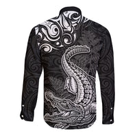 New Zealand Crocodile Tattoo and Fern Long Sleeve Button Shirt Maori Pattern