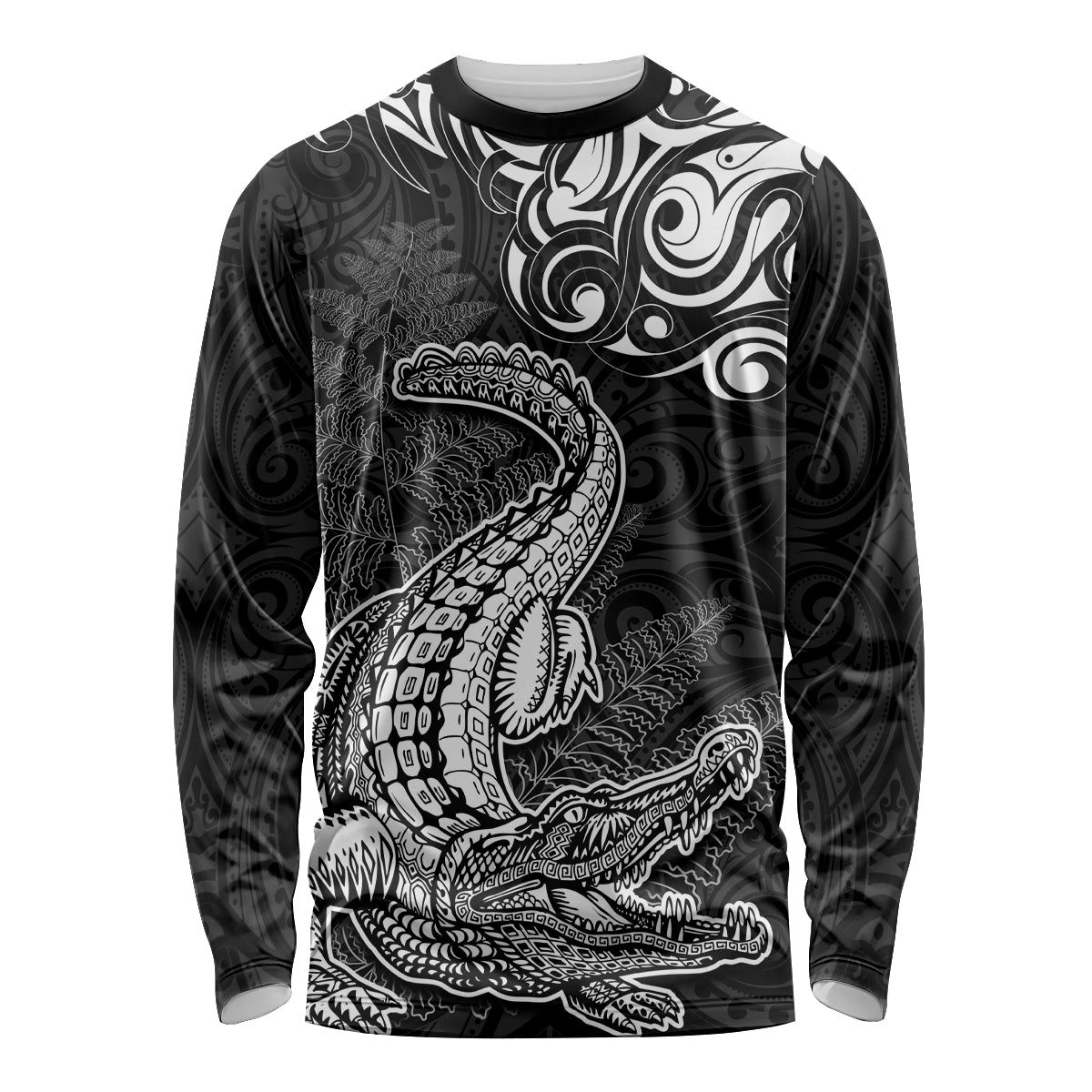 New Zealand Crocodile Tattoo and Fern Long Sleeve Shirt Maori Pattern LT03 Unisex Black - Polynesian Pride