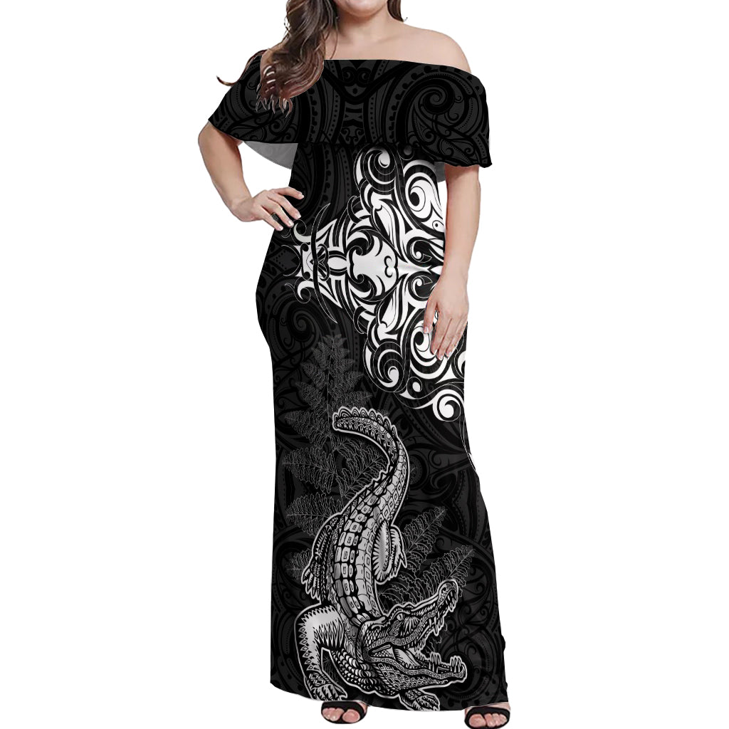 New Zealand Crocodile Tattoo and Fern Off Shoulder Maxi Dress Maori Pattern