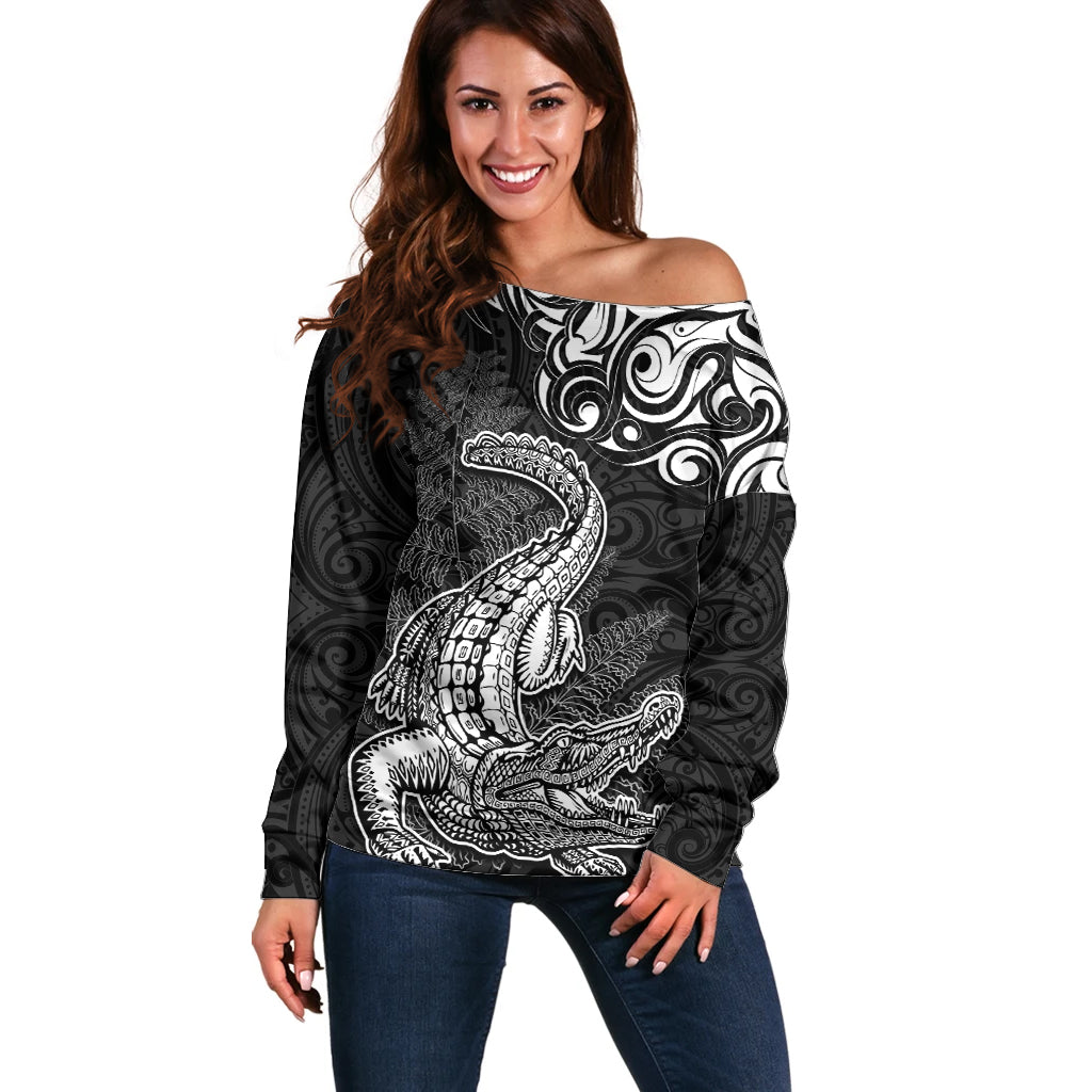 New Zealand Crocodile Tattoo and Fern Off Shoulder Sweater Maori Pattern