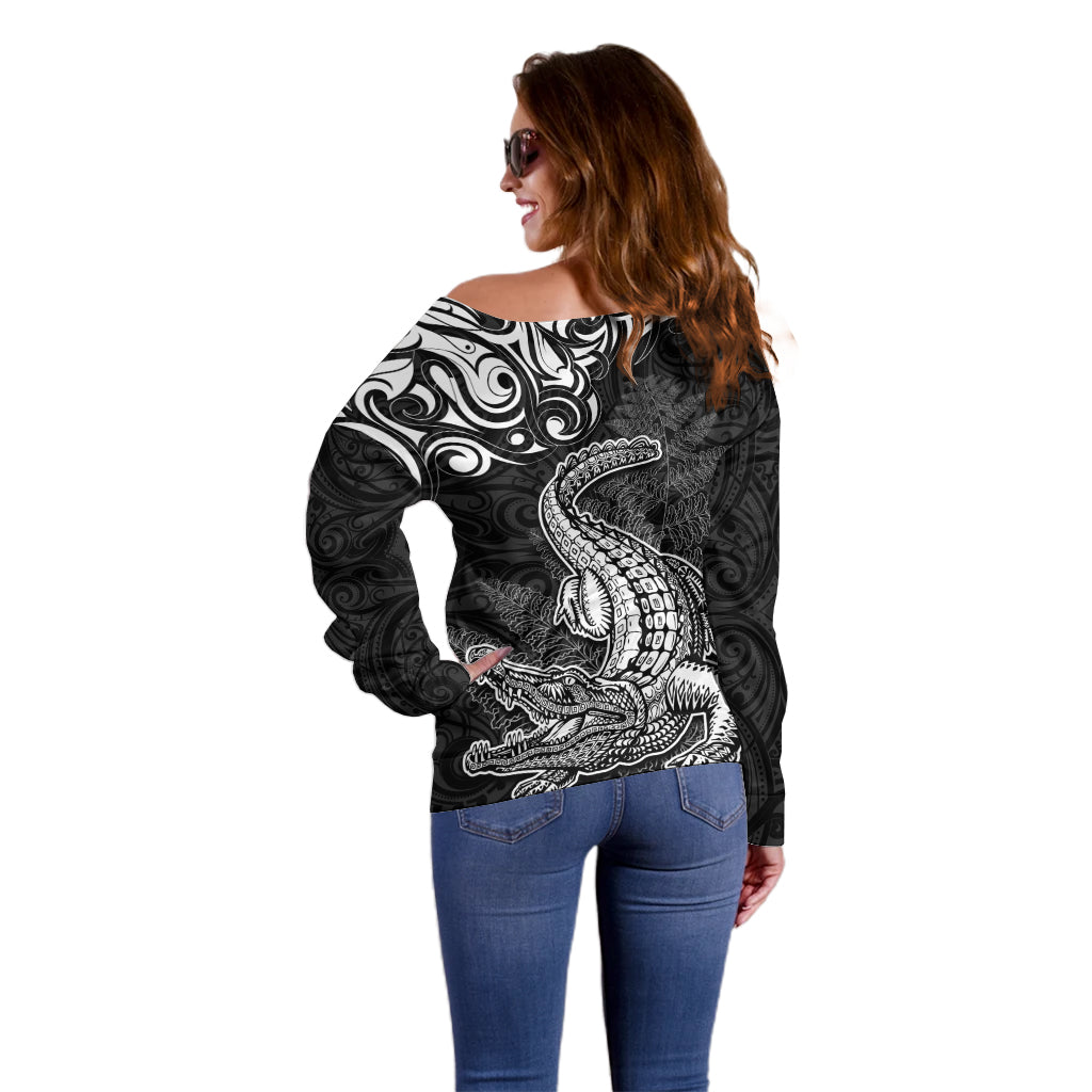 New Zealand Crocodile Tattoo and Fern Off Shoulder Sweater Maori Pattern