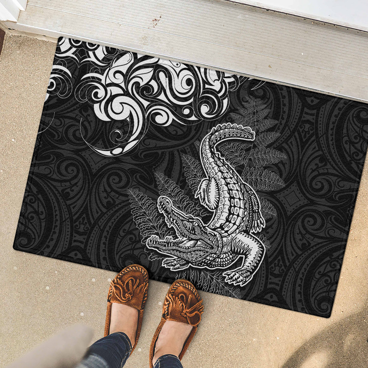 New Zealand Crocodile Tattoo and Fern Rubber Doormat Maori Pattern