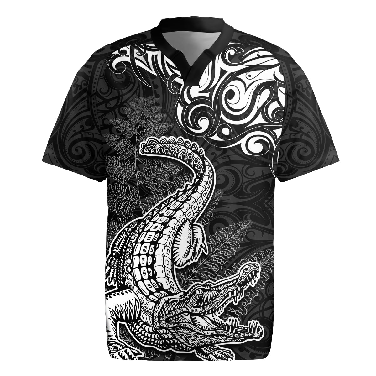 New Zealand Crocodile Tattoo and Fern Rugby Jersey Maori Pattern
