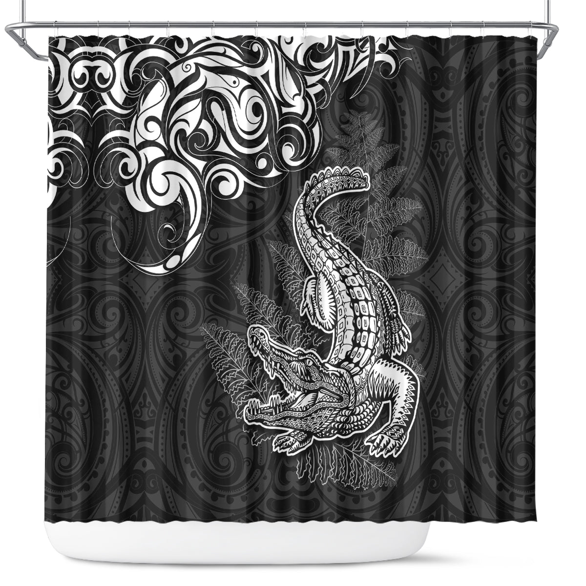 New Zealand Crocodile Tattoo and Fern Shower Curtain Maori Pattern