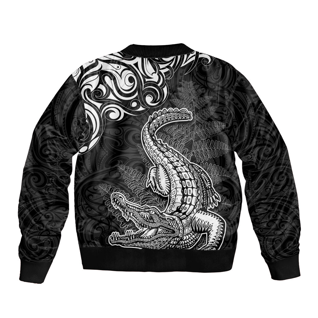 New Zealand Crocodile Tattoo and Fern Sleeve Zip Bomber Jacket Maori Pattern
