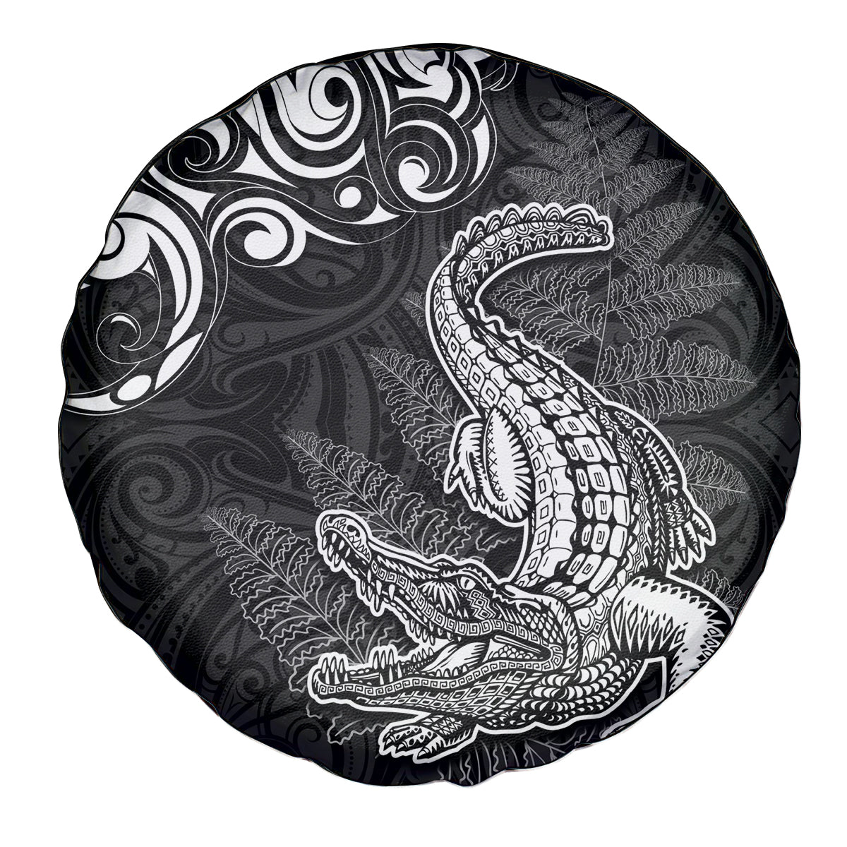 New Zealand Crocodile Tattoo and Fern Spare Tire Cover Maori Pattern