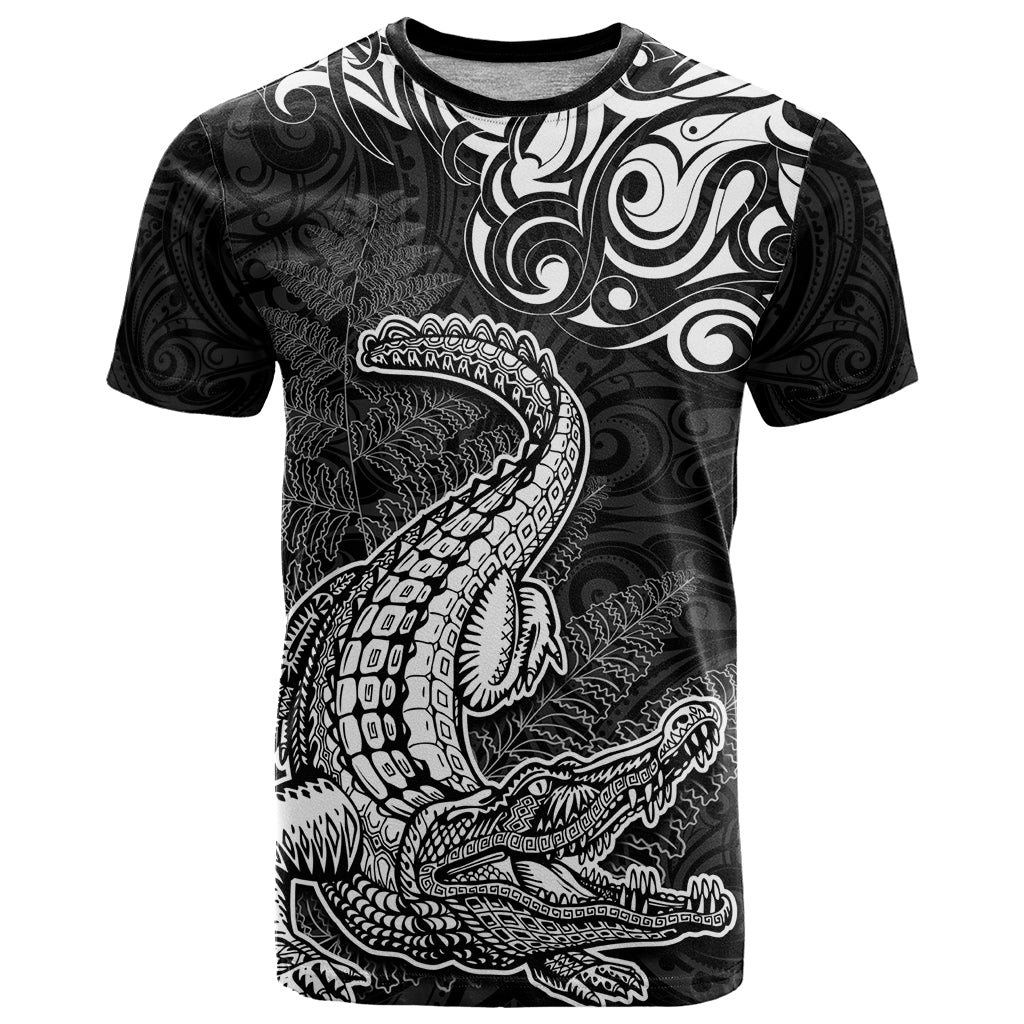 New Zealand Crocodile Tattoo and Fern T Shirt Maori Pattern LT03 Black - Polynesian Pride