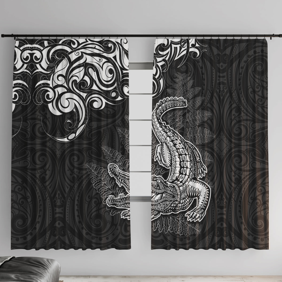 New Zealand Crocodile Tattoo and Fern Window Curtain Maori Pattern LT03 With Hooks Black - Polynesian Pride