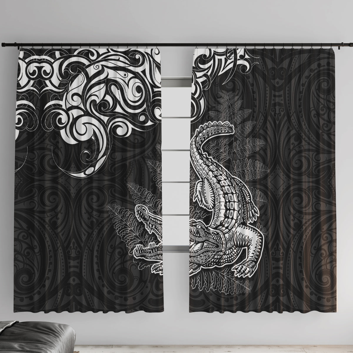 New Zealand Crocodile Tattoo and Fern Window Curtain Maori Pattern