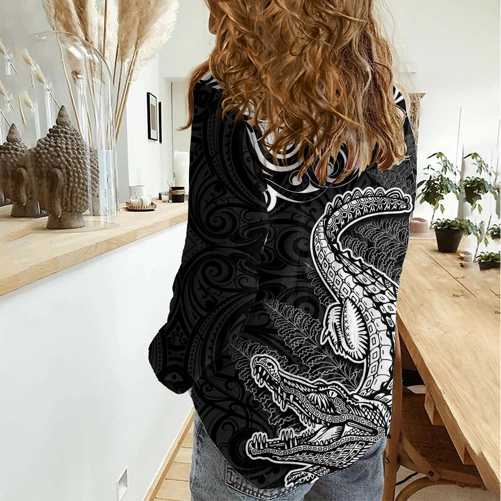 New Zealand Crocodile Tattoo and Fern Women Casual Shirt Maori Pattern