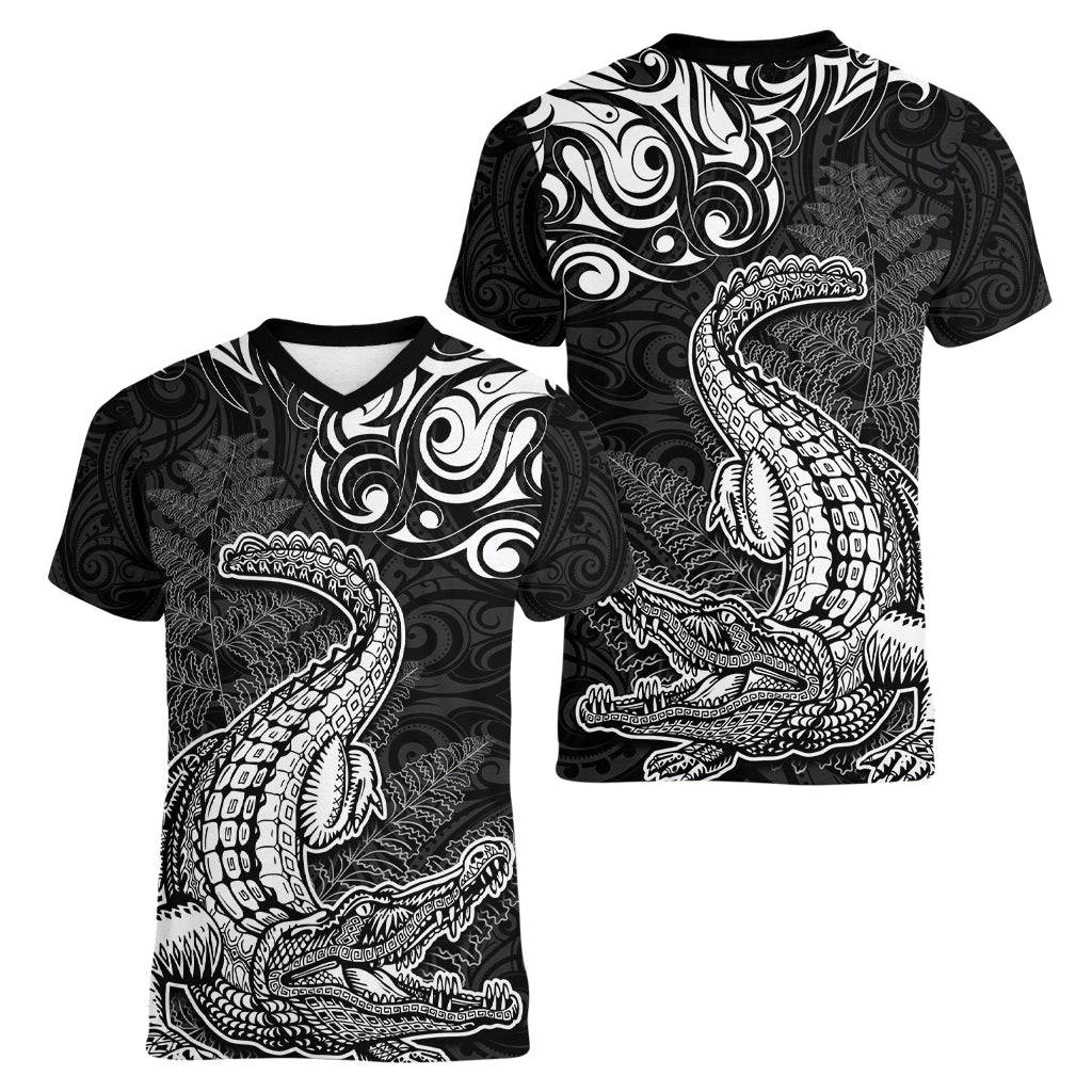 New Zealand Crocodile Tattoo and Fern Women V-Neck T-Shirt Maori Pattern