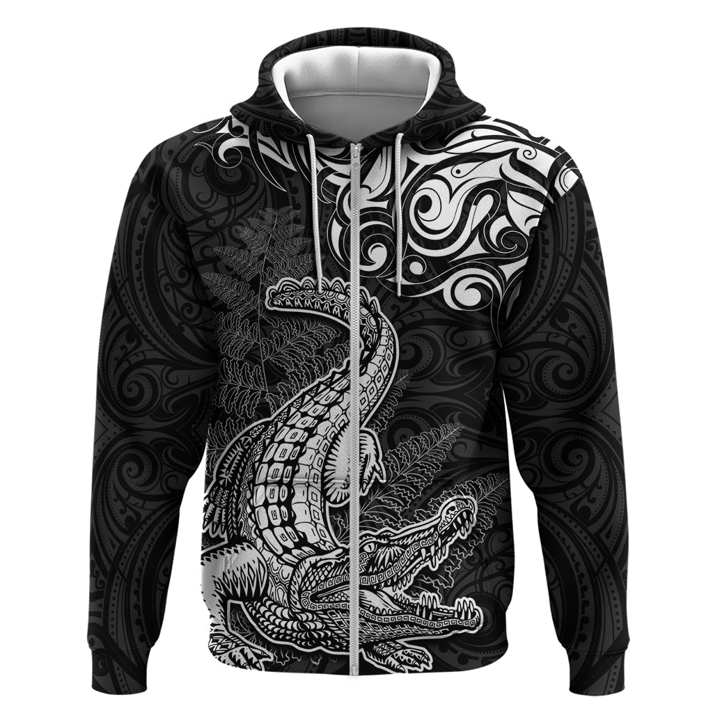 New Zealand Crocodile Tattoo and Fern Zip Hoodie Maori Pattern LT03 Zip Hoodie Black - Polynesian Pride