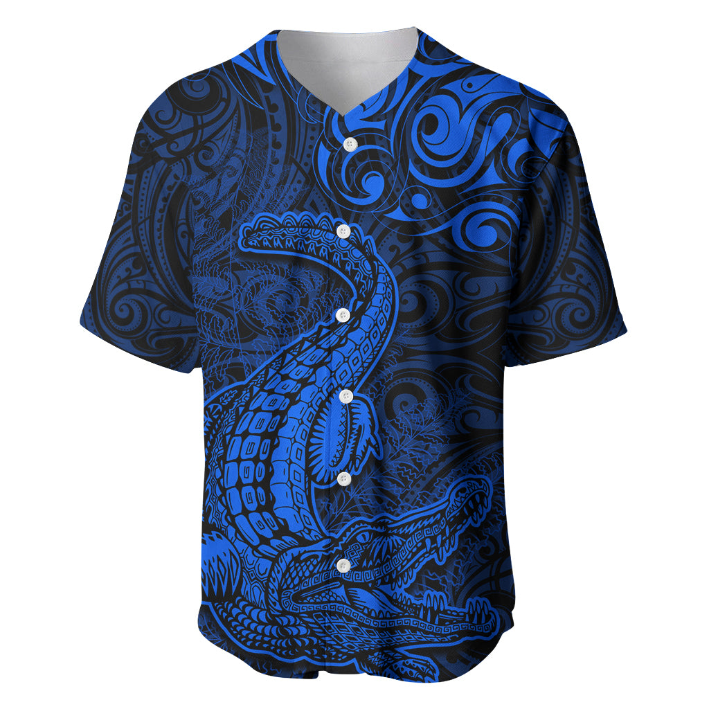 New Zealand Crocodile Tattoo and Fern Baseball Jersey Maori Pattern Blue Color