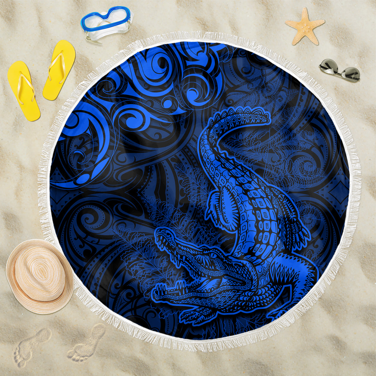 New Zealand Crocodile Tattoo and Fern Beach Blanket Maori Pattern Blue Color