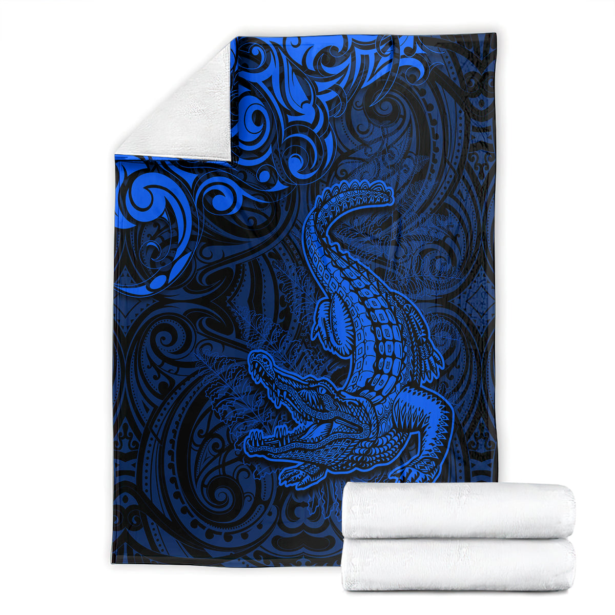 New Zealand Crocodile Tattoo and Fern Blanket Maori Pattern Blue Color
