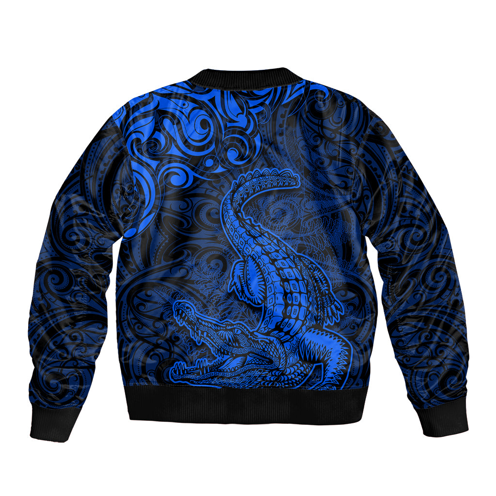 New Zealand Crocodile Tattoo and Fern Bomber Jacket Maori Pattern Blue Color