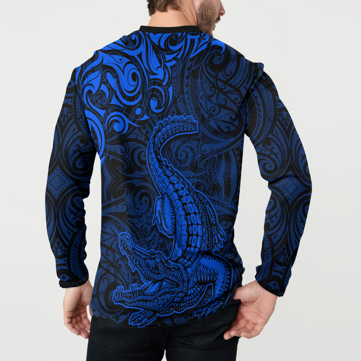 New Zealand Crocodile Tattoo and Fern Button Sweatshirt Maori Pattern Blue Color