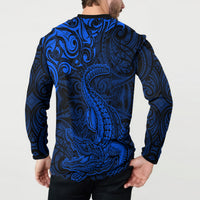 New Zealand Crocodile Tattoo and Fern Button Sweatshirt Maori Pattern Blue Color