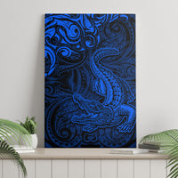 New Zealand Crocodile Tattoo and Fern Canvas Wall Art Maori Pattern Blue Color