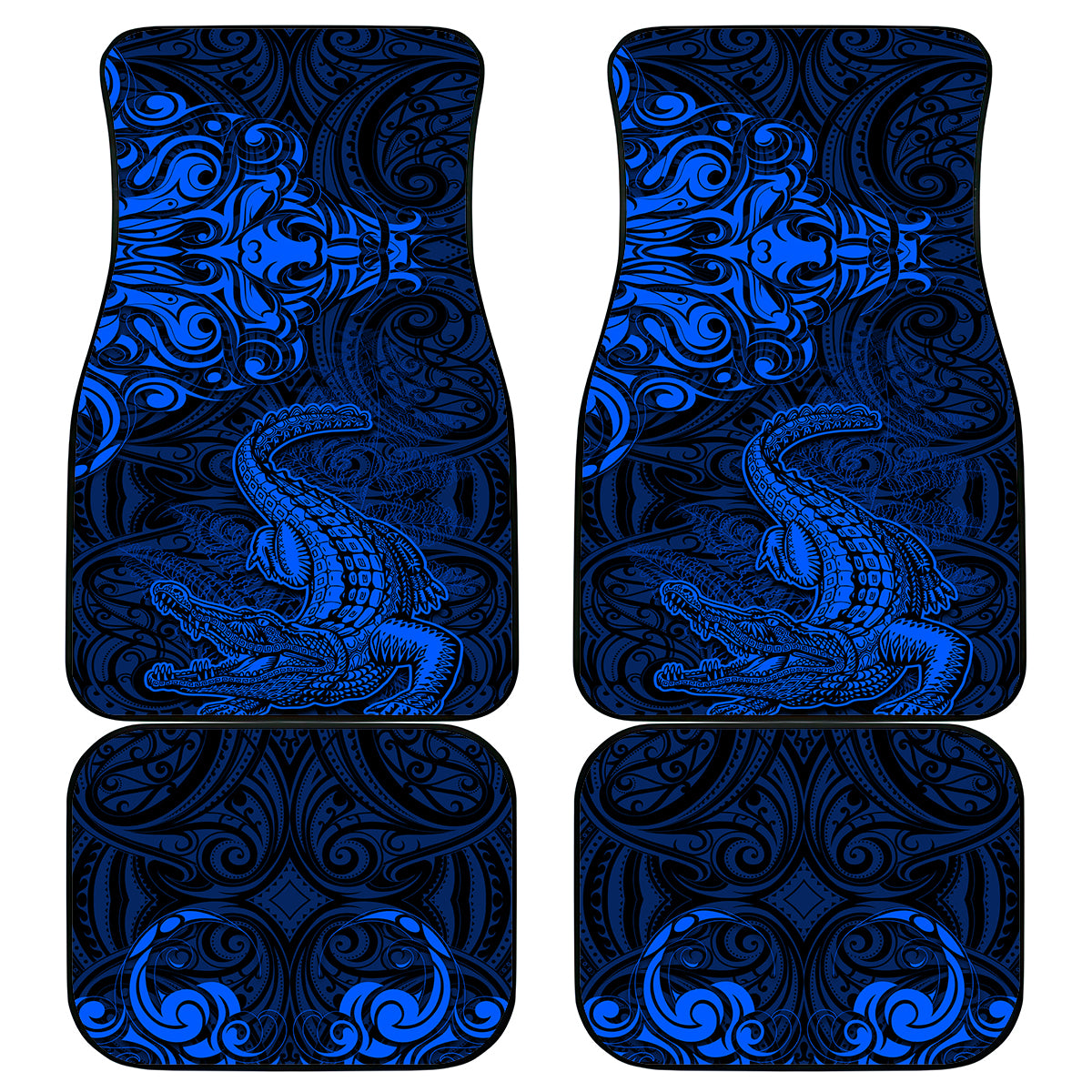 New Zealand Crocodile Tattoo and Fern Car Mats Maori Pattern Blue Color