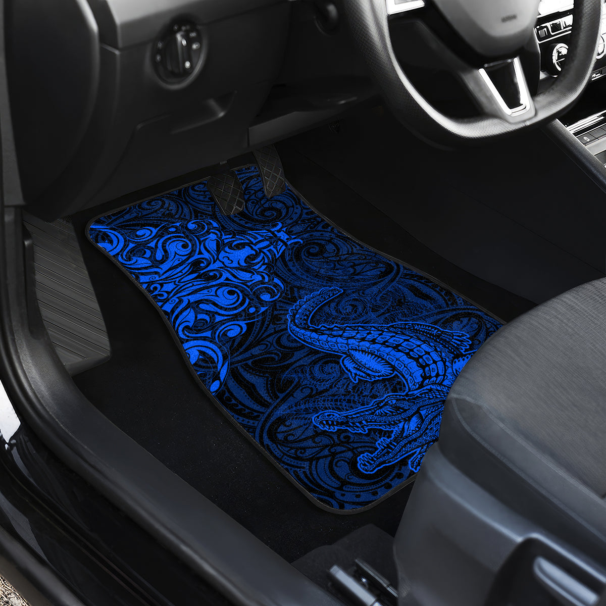New Zealand Crocodile Tattoo and Fern Car Mats Maori Pattern Blue Color