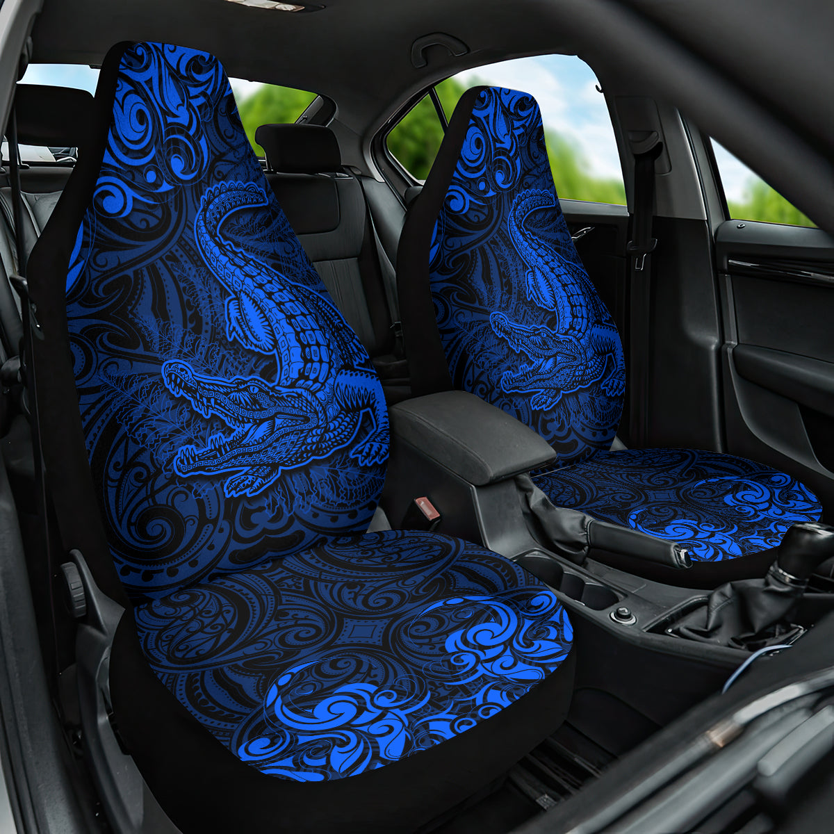 New Zealand Crocodile Tattoo and Fern Car Seat Cover Maori Pattern Blue Color