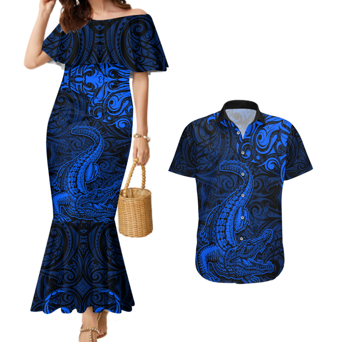 New Zealand Crocodile Tattoo and Fern Couples Matching Mermaid Dress and Hawaiian Shirt Maori Pattern Blue Color