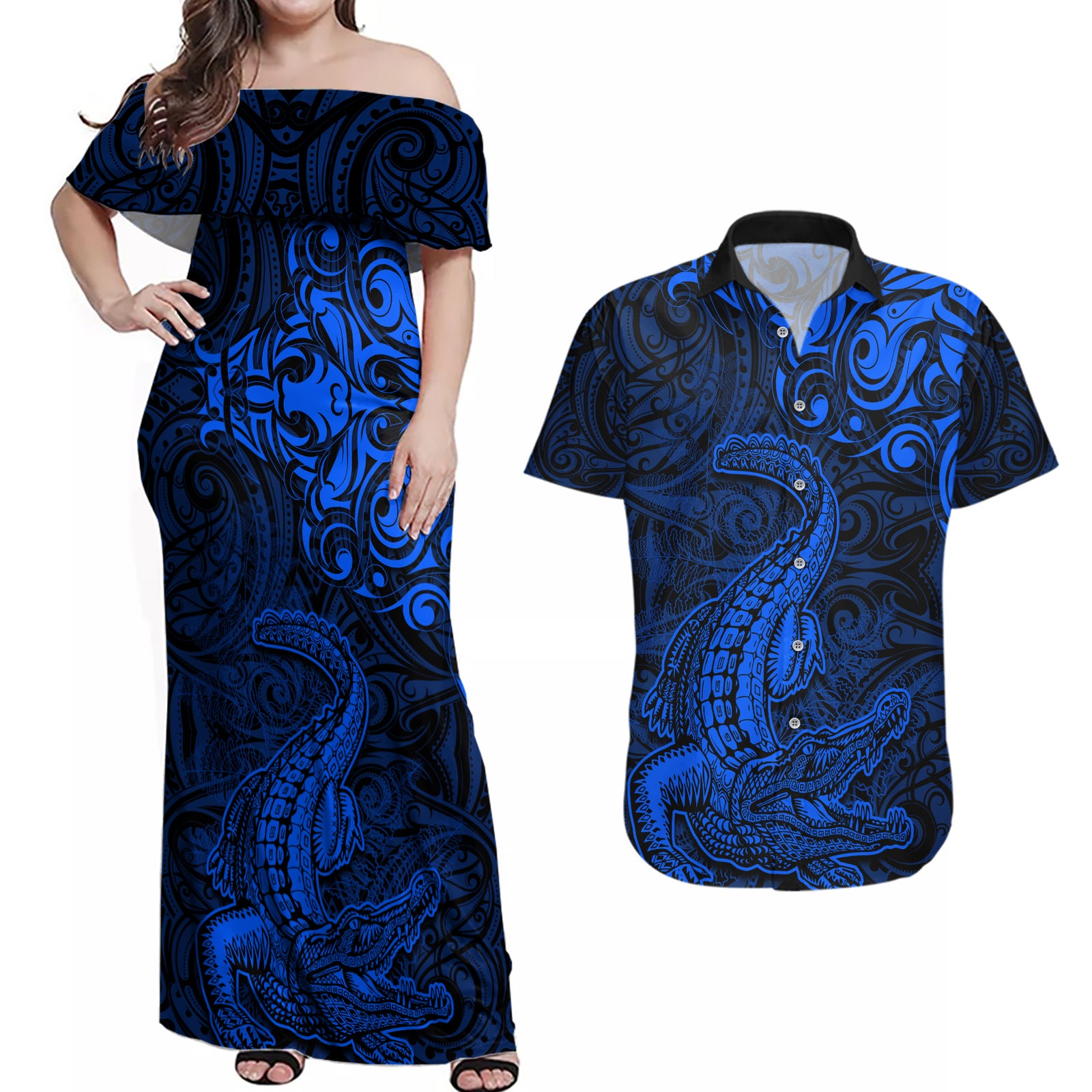 New Zealand Crocodile Tattoo and Fern Couples Matching Off Shoulder Maxi Dress and Hawaiian Shirt Maori Pattern Blue Color LT03 Blue - Polynesian Pride