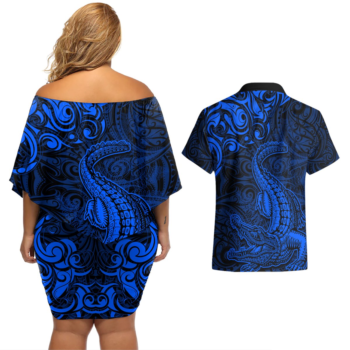 New Zealand Crocodile Tattoo and Fern Couples Matching Off Shoulder Short Dress and Hawaiian Shirt Maori Pattern Blue Color