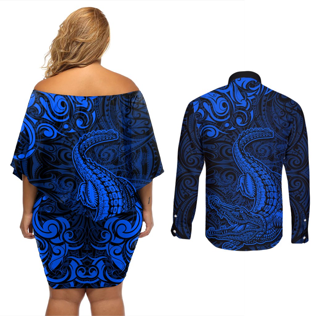 New Zealand Crocodile Tattoo and Fern Couples Matching Off Shoulder Short Dress and Long Sleeve Button Shirt Maori Pattern Blue Color
