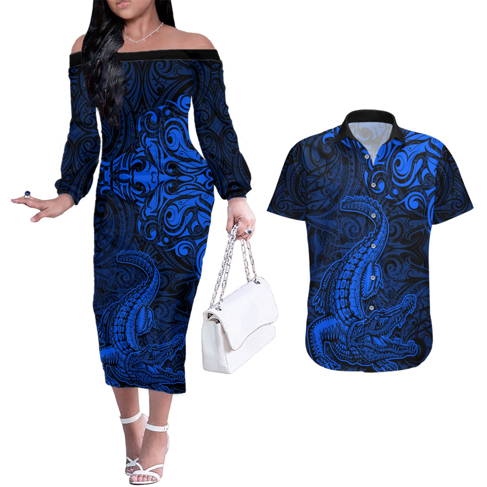 New Zealand Crocodile Tattoo and Fern Couples Matching Off The Shoulder Long Sleeve Dress and Hawaiian Shirt Maori Pattern Blue Color LT03 Blue - Polynesian Pride