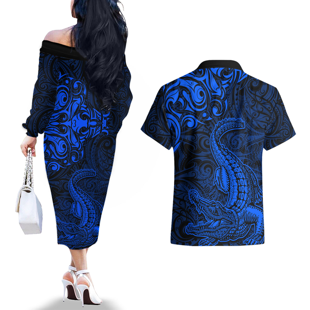 New Zealand Crocodile Tattoo and Fern Couples Matching Off The Shoulder Long Sleeve Dress and Hawaiian Shirt Maori Pattern Blue Color