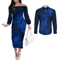 New Zealand Crocodile Tattoo and Fern Couples Matching Off The Shoulder Long Sleeve Dress and Long Sleeve Button Shirt Maori Pattern Blue Color
