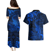 New Zealand Crocodile Tattoo and Fern Couples Matching Puletasi and Hawaiian Shirt Maori Pattern Blue Color