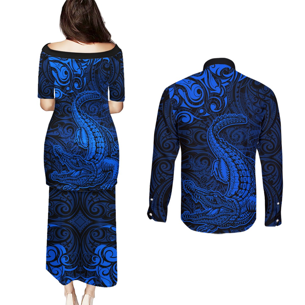 New Zealand Crocodile Tattoo and Fern Couples Matching Puletasi and Long Sleeve Button Shirt Maori Pattern Blue Color
