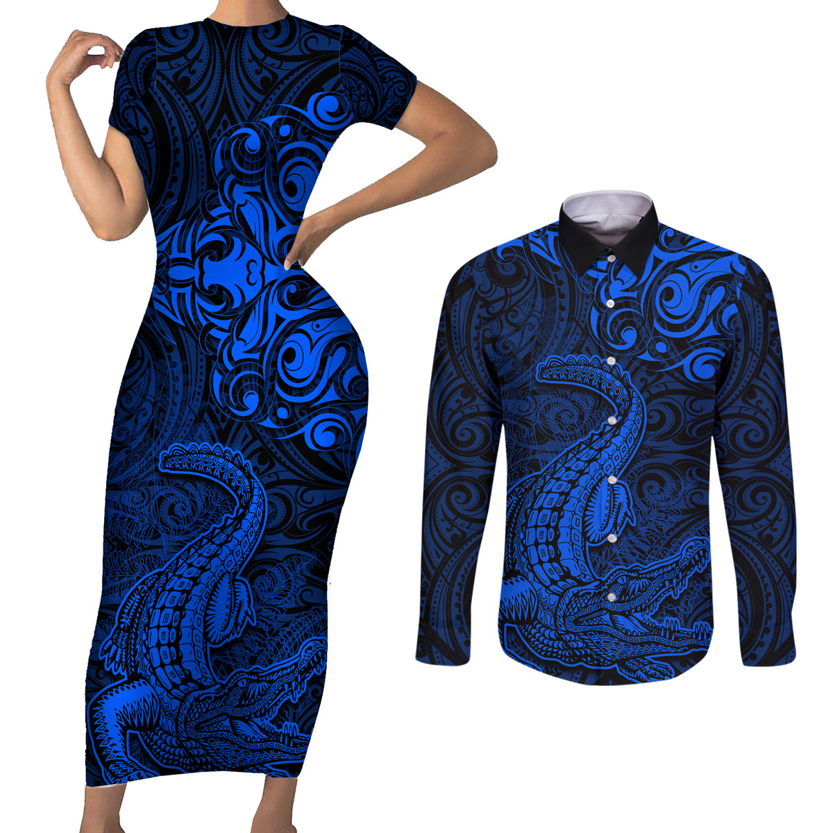 New Zealand Crocodile Tattoo and Fern Couples Matching Short Sleeve Bodycon Dress and Long Sleeve Button Shirt Maori Pattern Blue Color