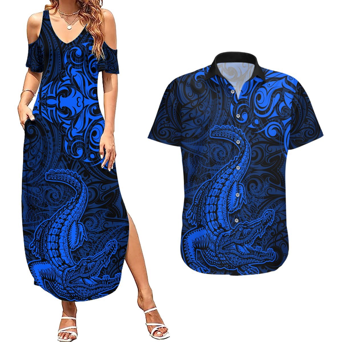 New Zealand Crocodile Tattoo and Fern Couples Matching Summer Maxi Dress and Hawaiian Shirt Maori Pattern Blue Color LT03 Blue - Polynesian Pride